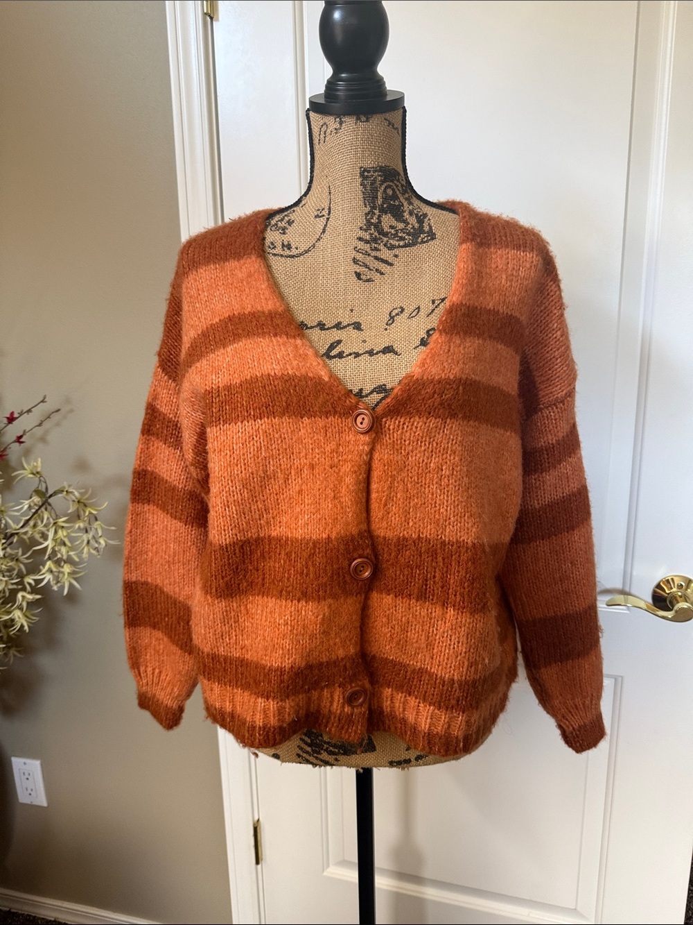 Chelsea & Theodore Burnt Orange Striped V‑Neck Button Sweater